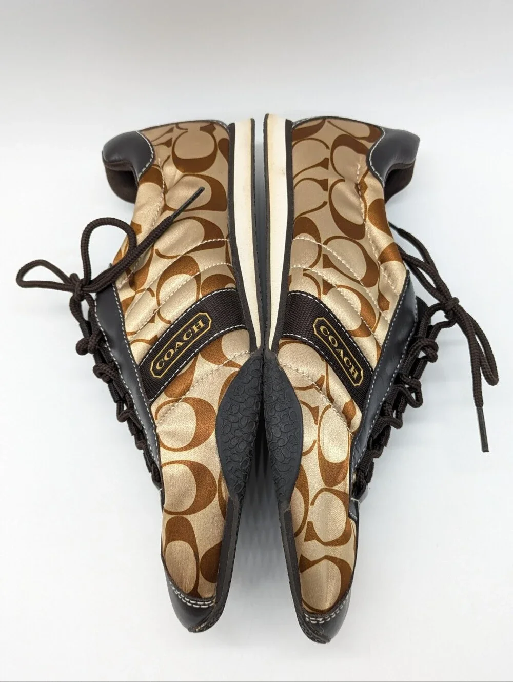 Coach Kirby Y2K Brown Tan Sateen Logo Print Lace Up Shoe 8.5